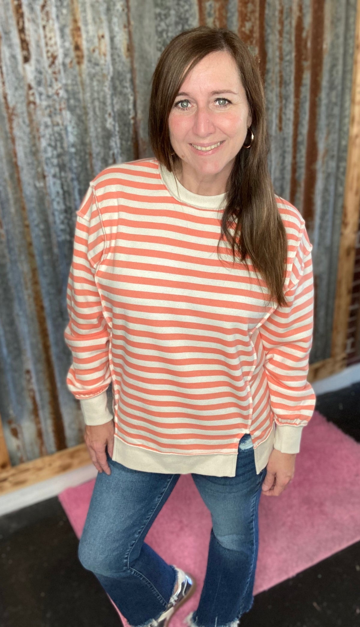 Coral Fleece Yarn Dyed Striped Exposed Sean Sweatshirt