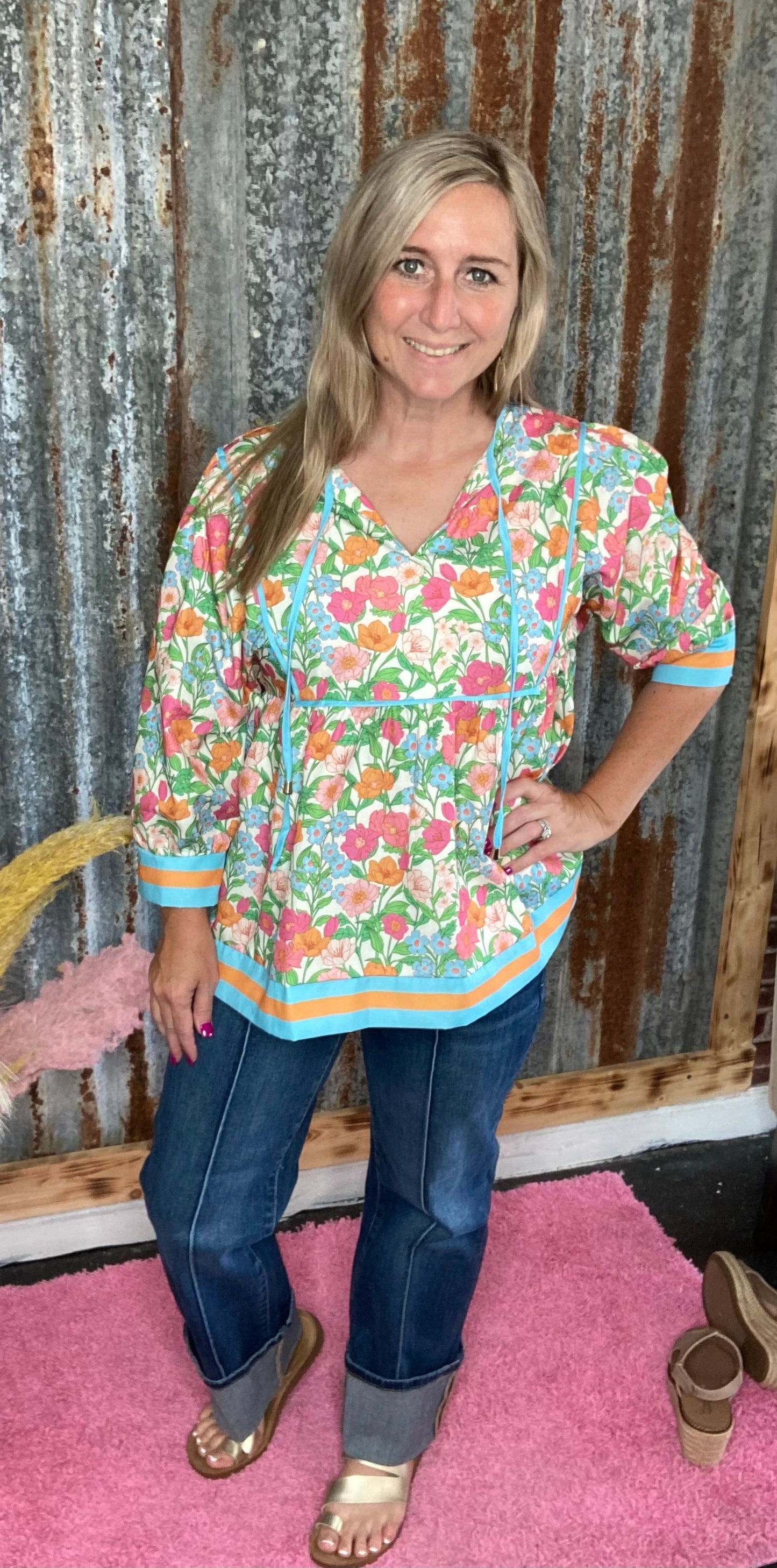 Green Floral Striped Top