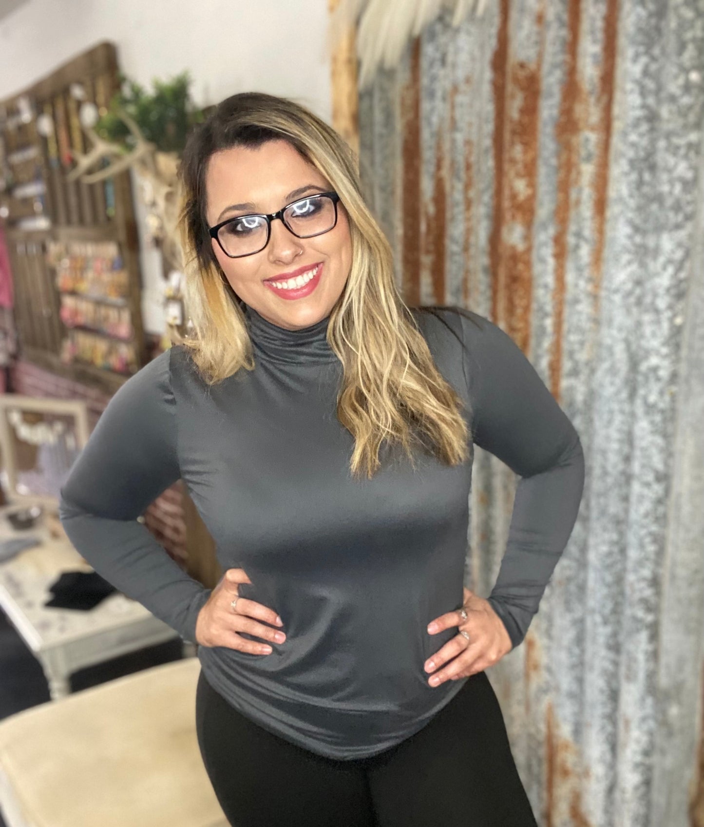 Grey Scrunched Neck Longsleeve Top