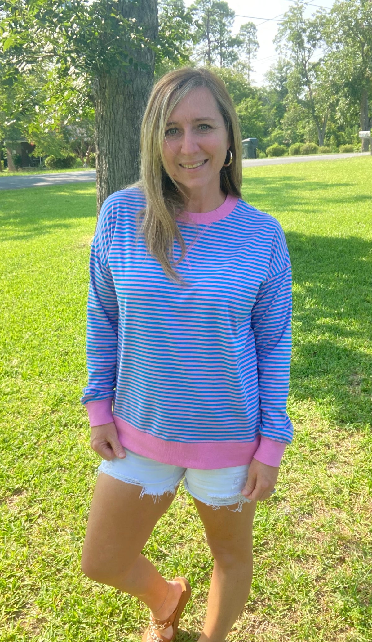 Deep Sky/Candy Pink Striped Pullover