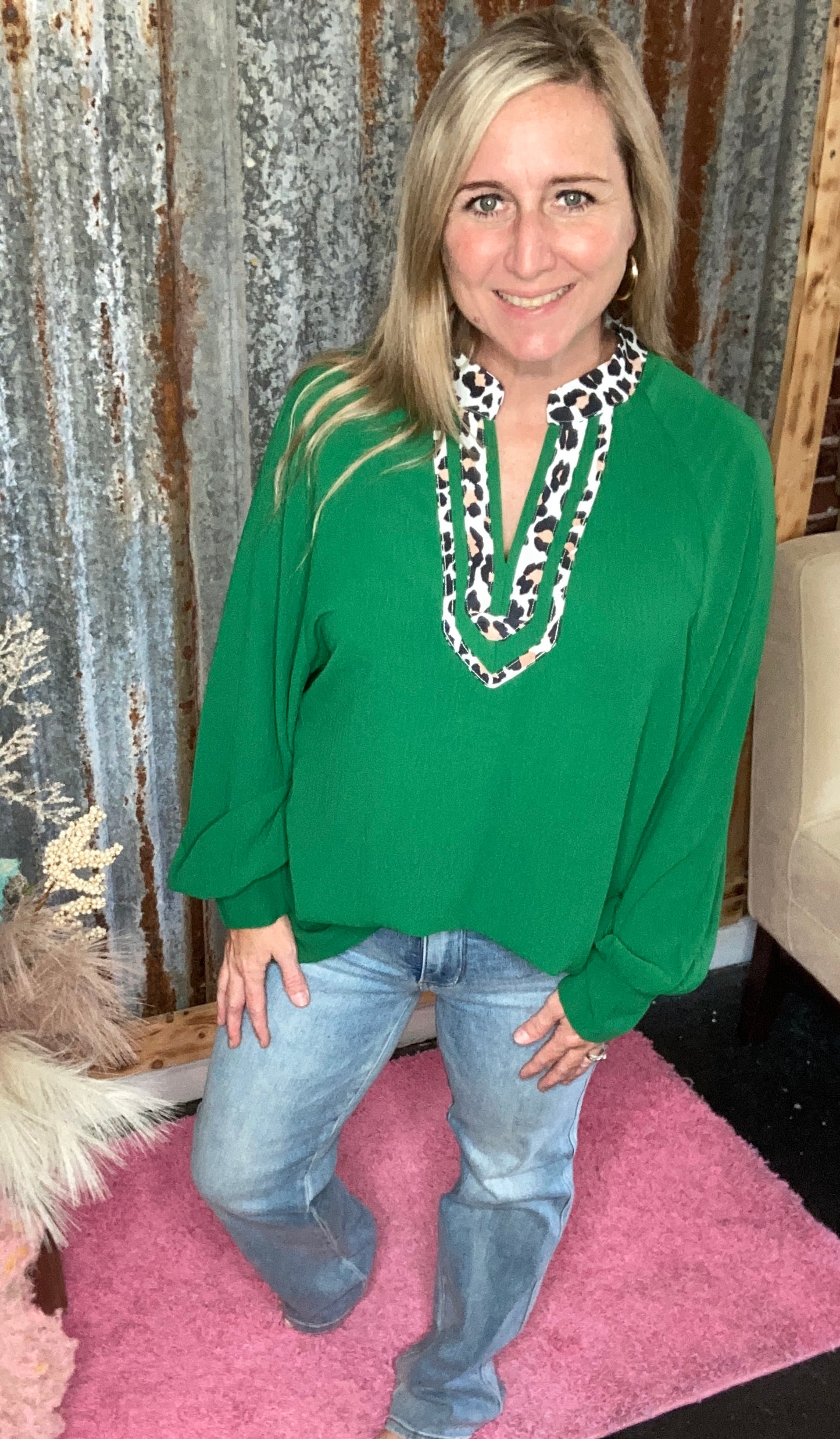 Plus Size Green Leopard Blouse