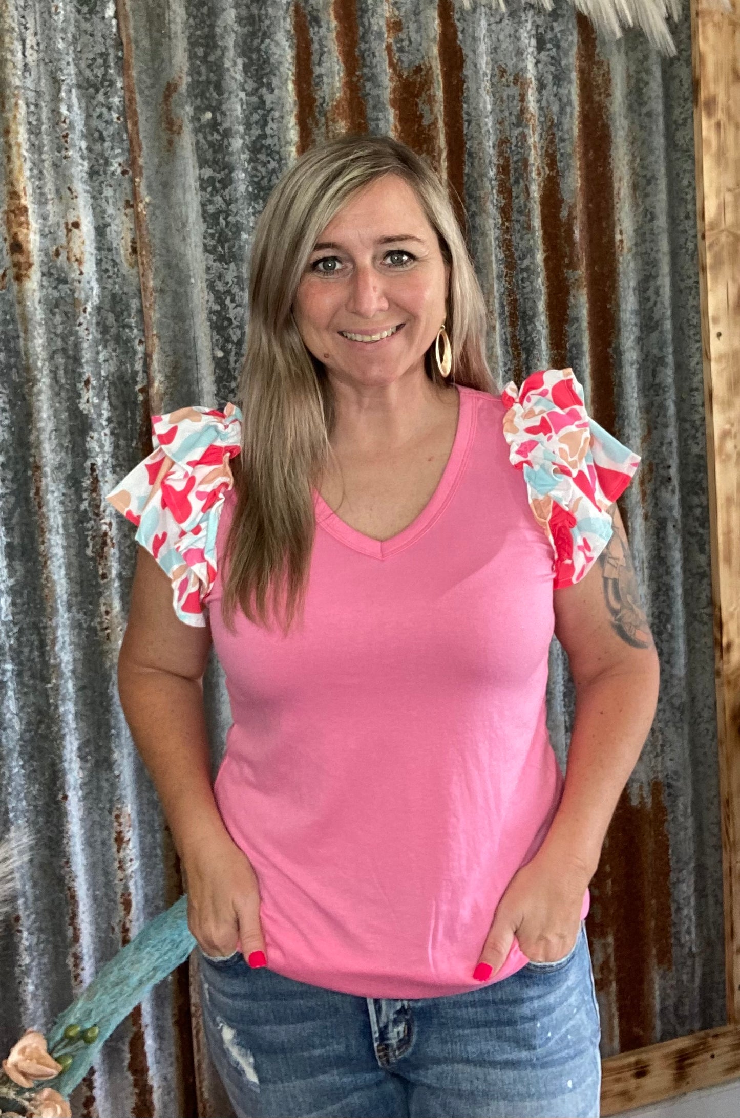 Pink Patchwork Ruffle Sleeve Top