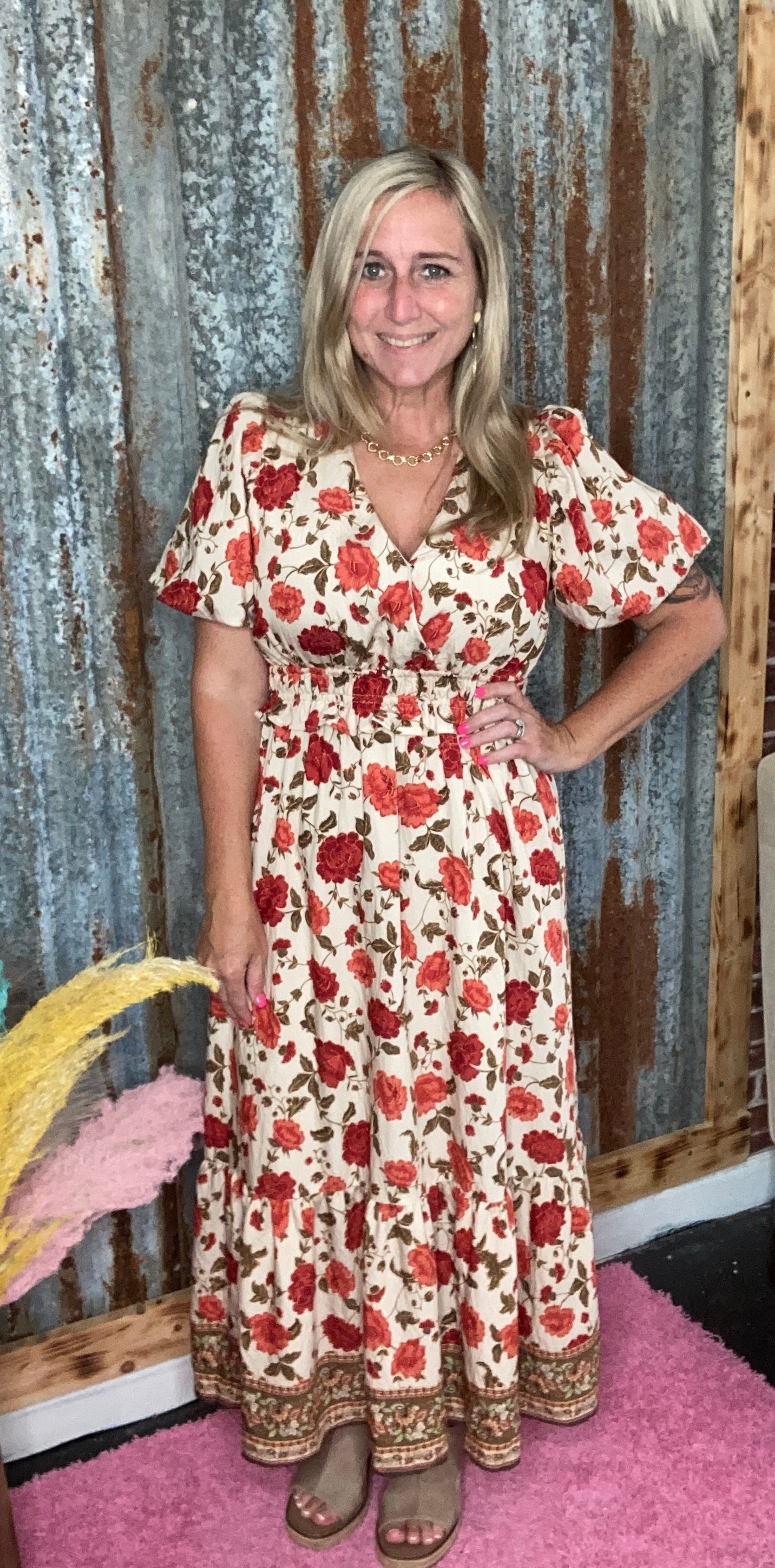 Ecru Floral Midi Dress
