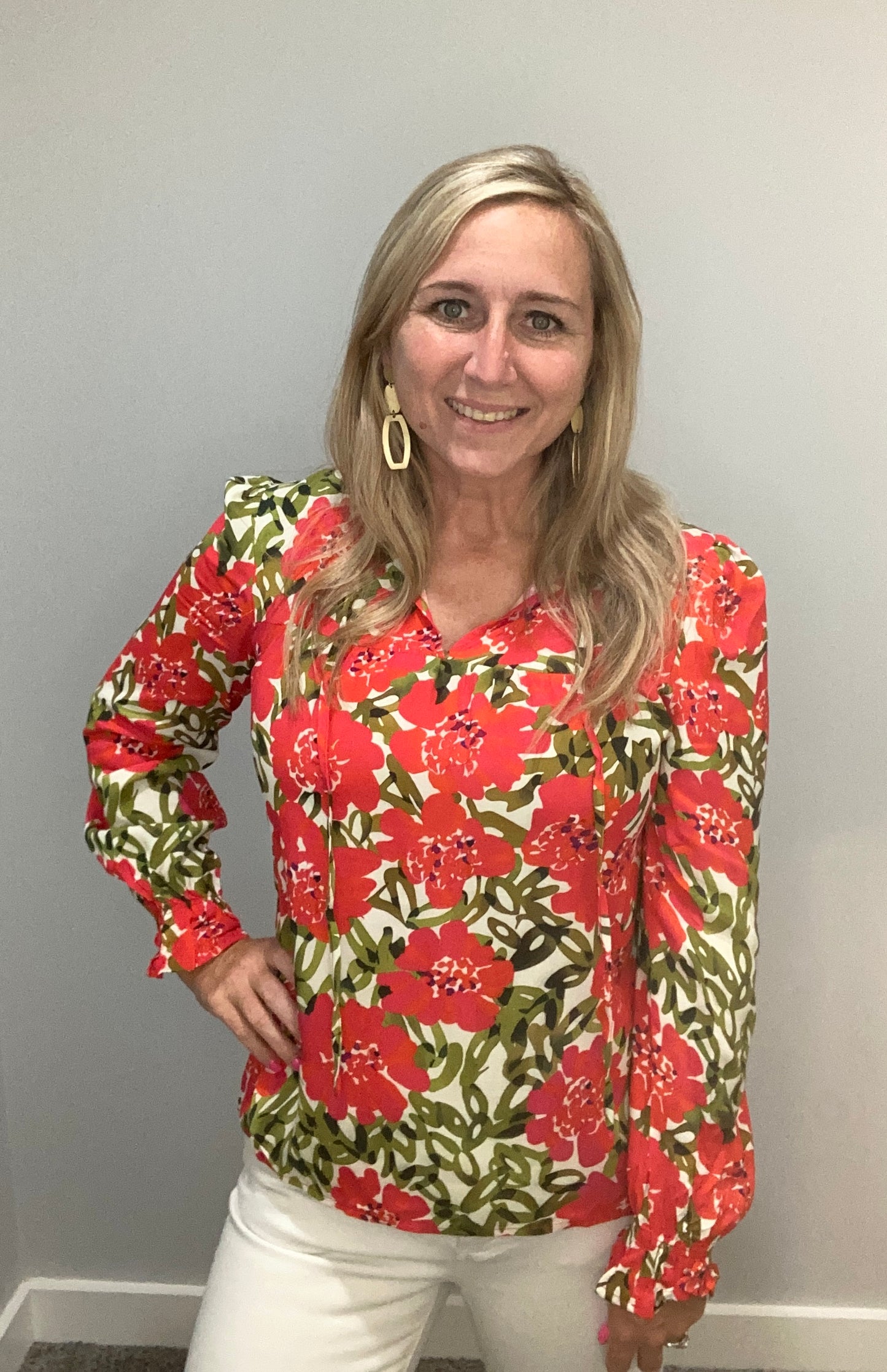 Red Floral V-Neck Top
