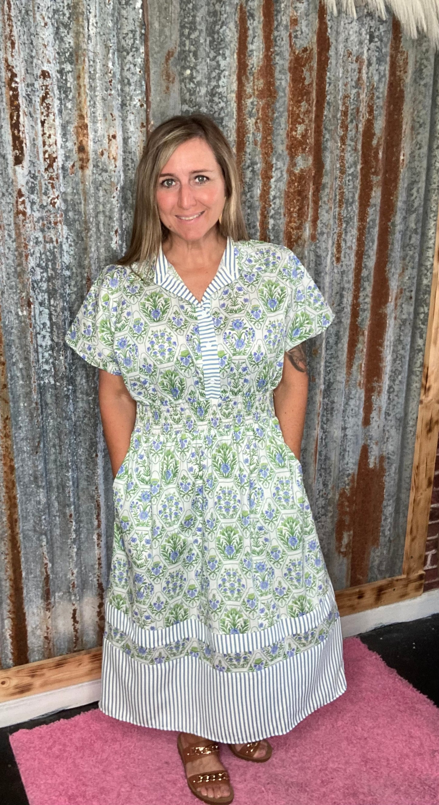Green/Blue Printed Midi Dress