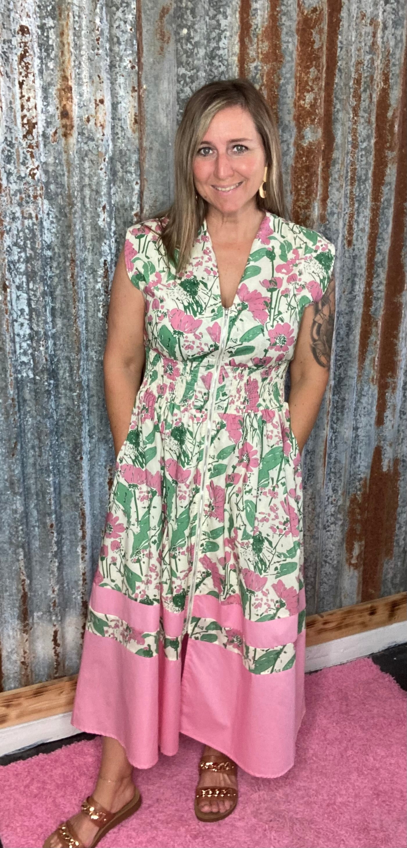 Pink Smocked Waist Midi Dress