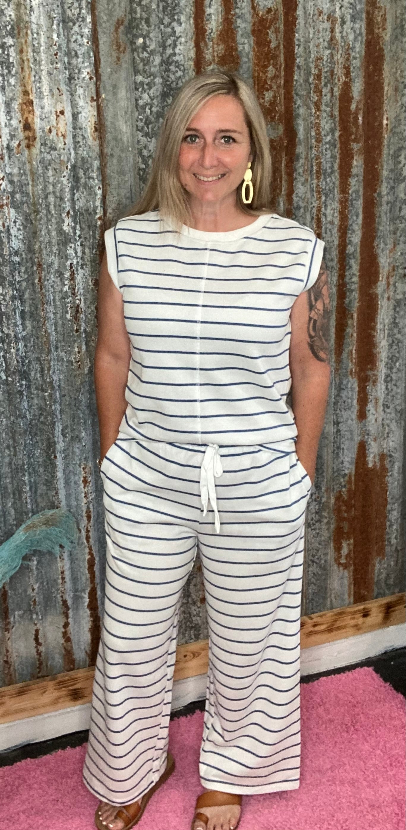 Navy Striped Wide Leg Set