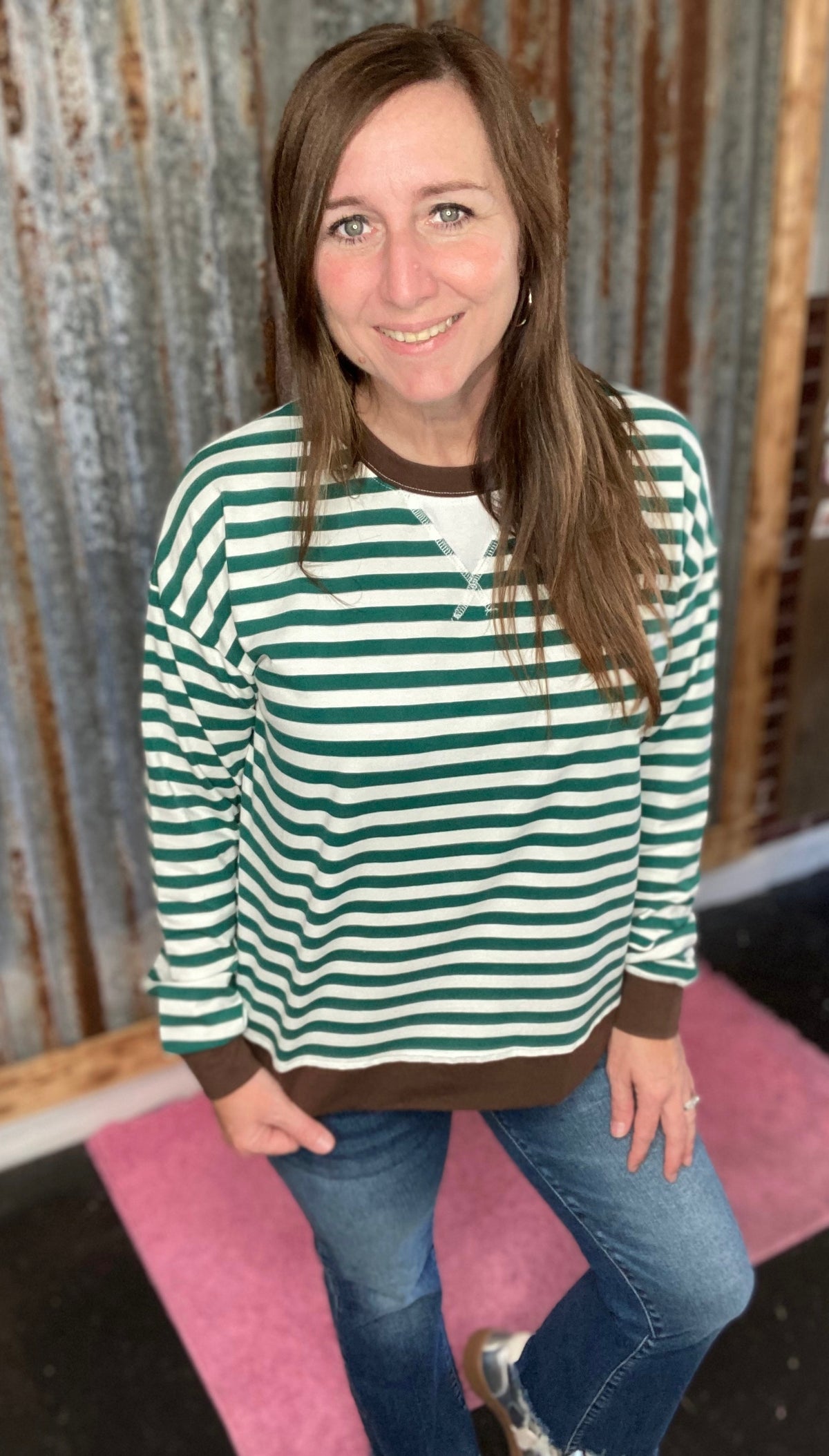 Hunter B Green/ Chocolate Striped Rib Banded Pullover
