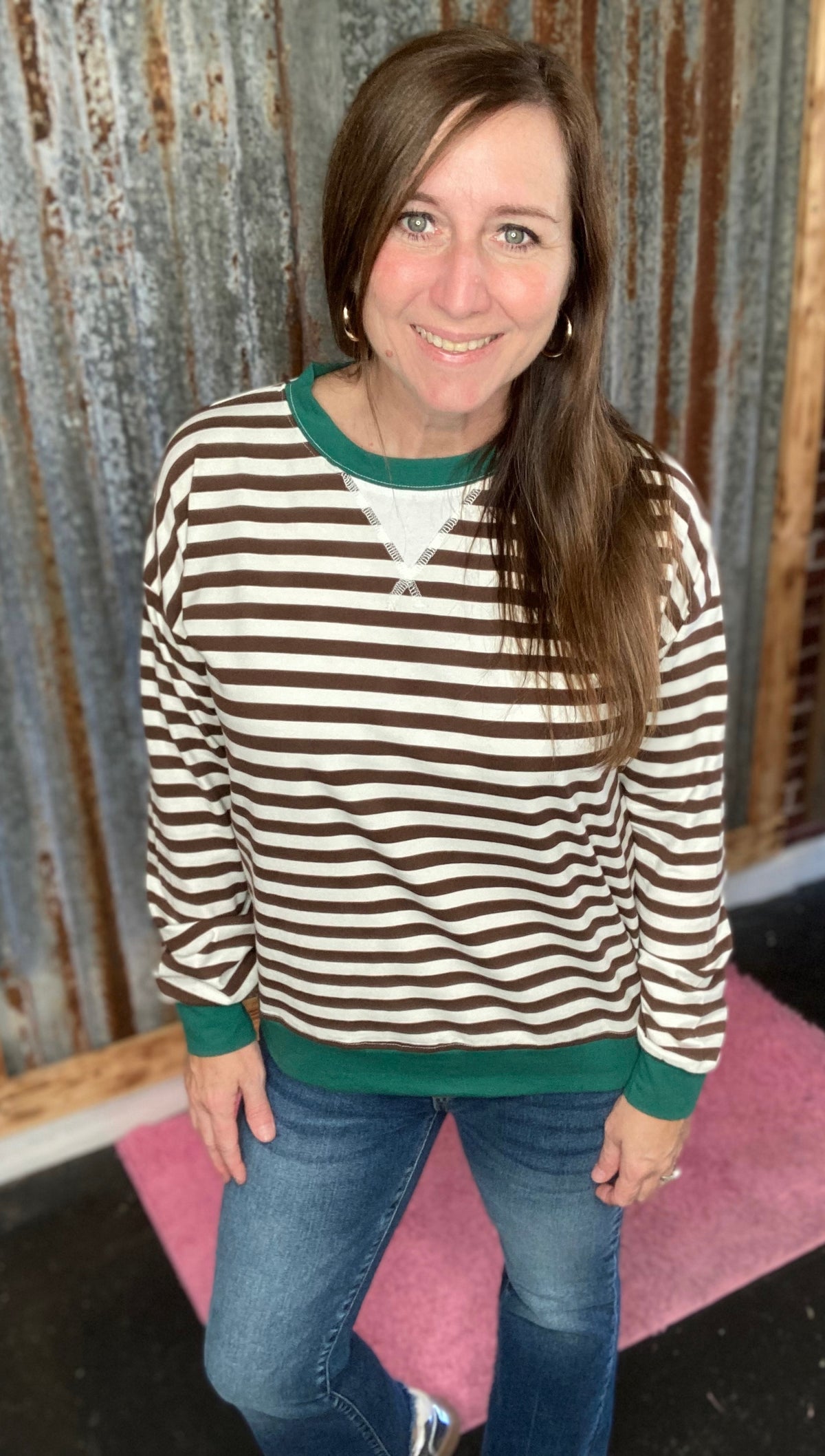 Chocolate/Green Blue Striped Rib Banded Pullover