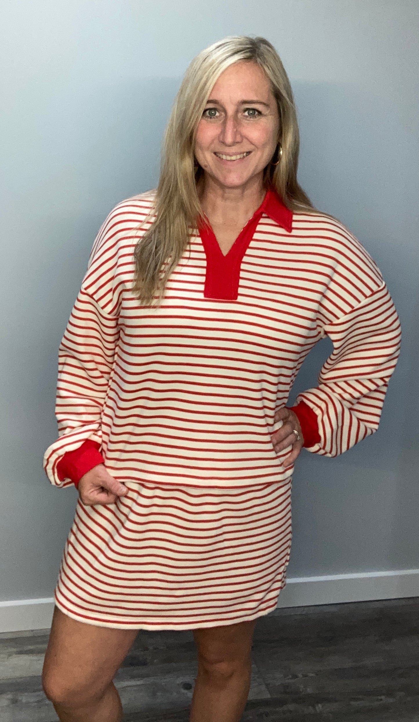 Red Striped V-Neck Pullover with Skort