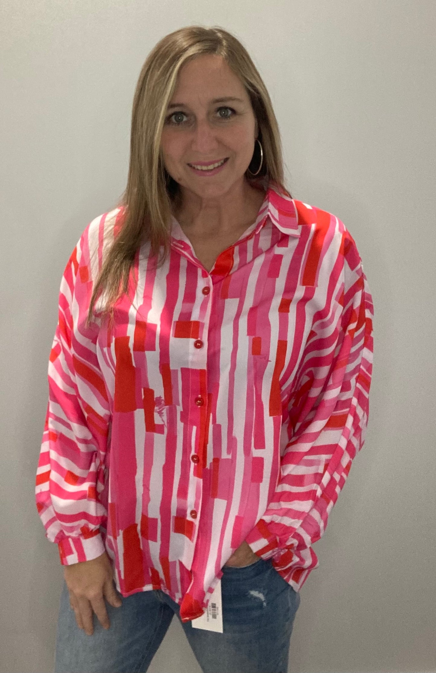 Pink Abstract Button Up