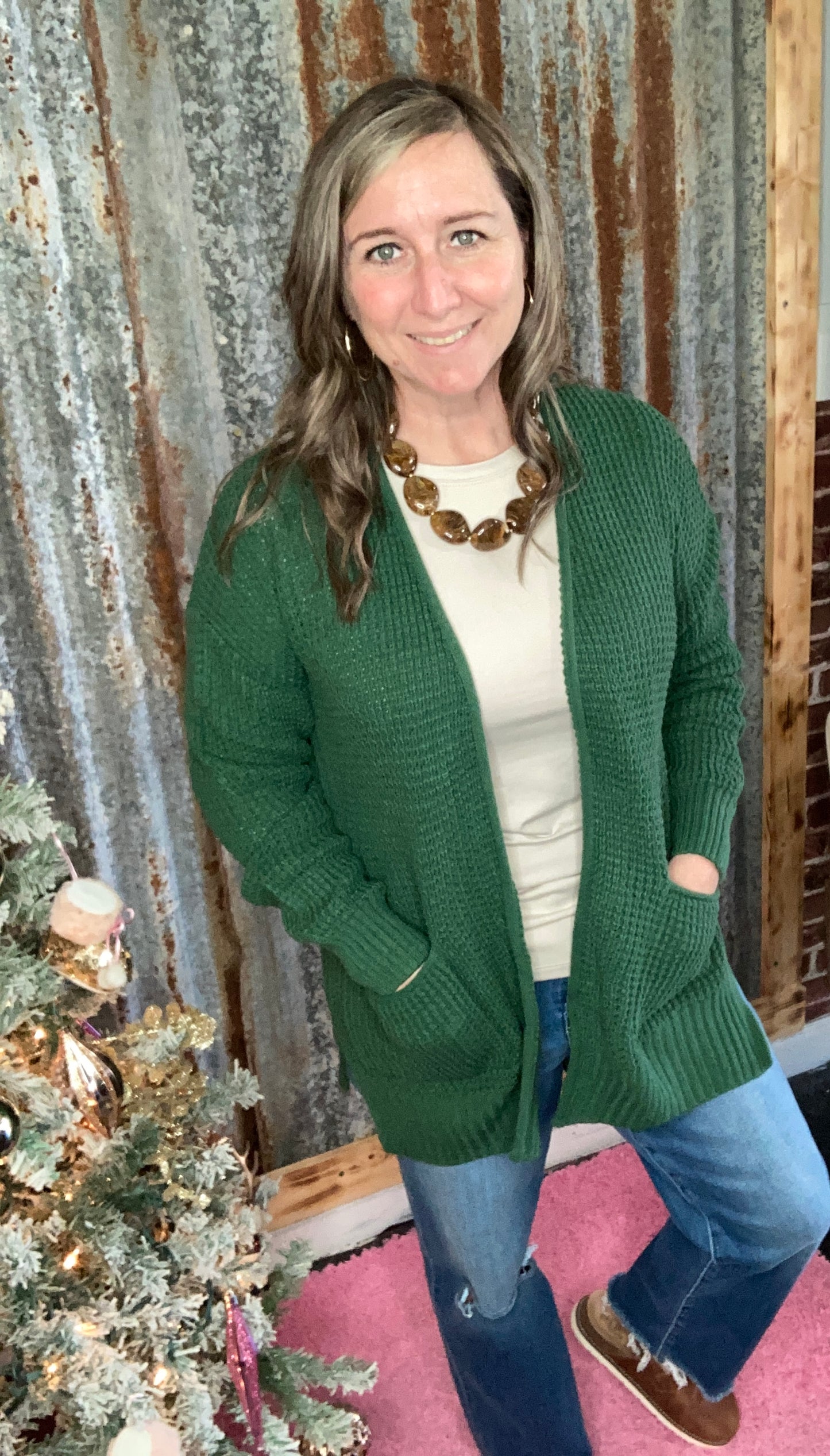 Dark Green Low gauge waffle open cardigan sweater
