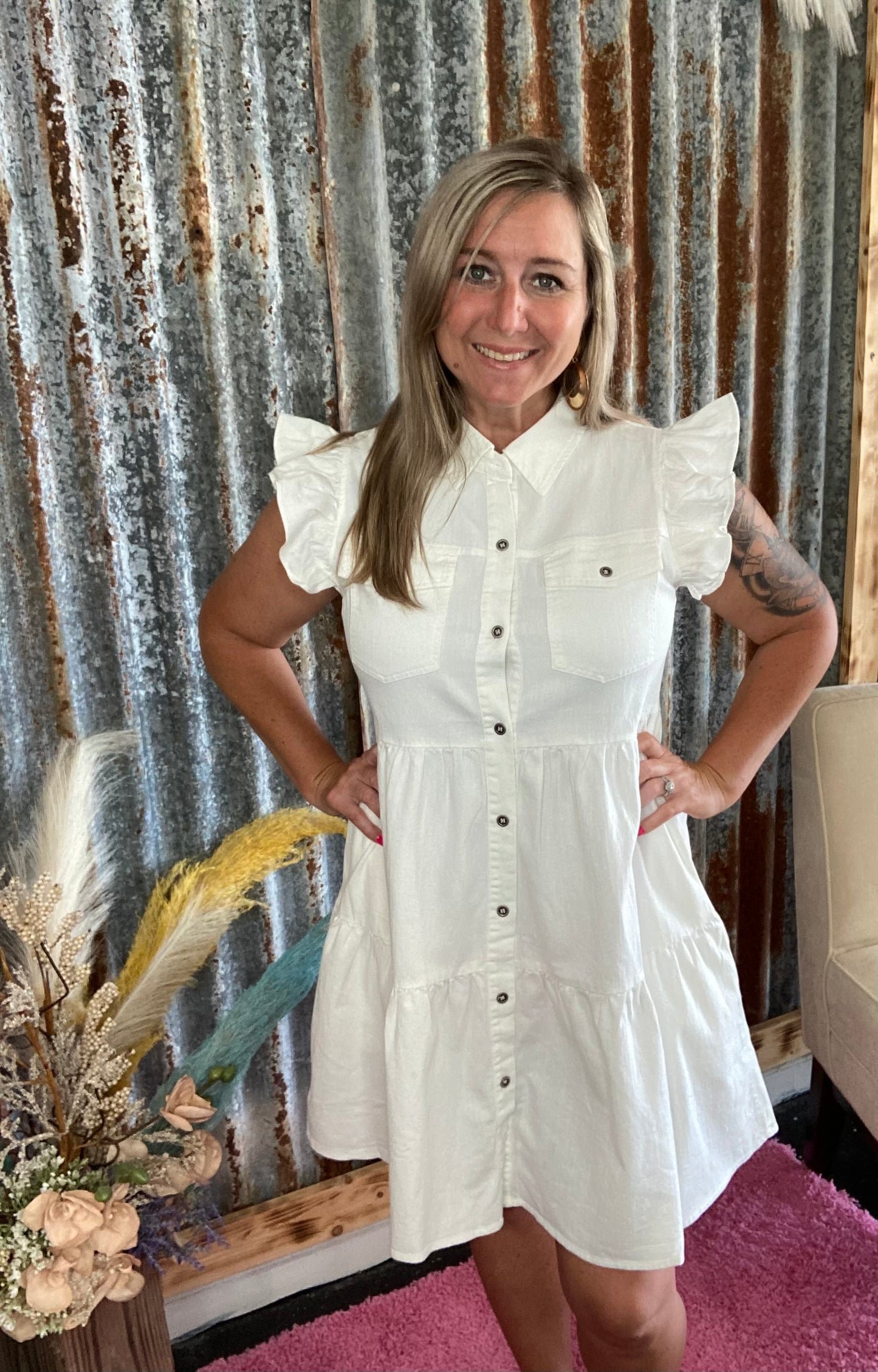 Jodifl White Cotton Flap Pocket Dress