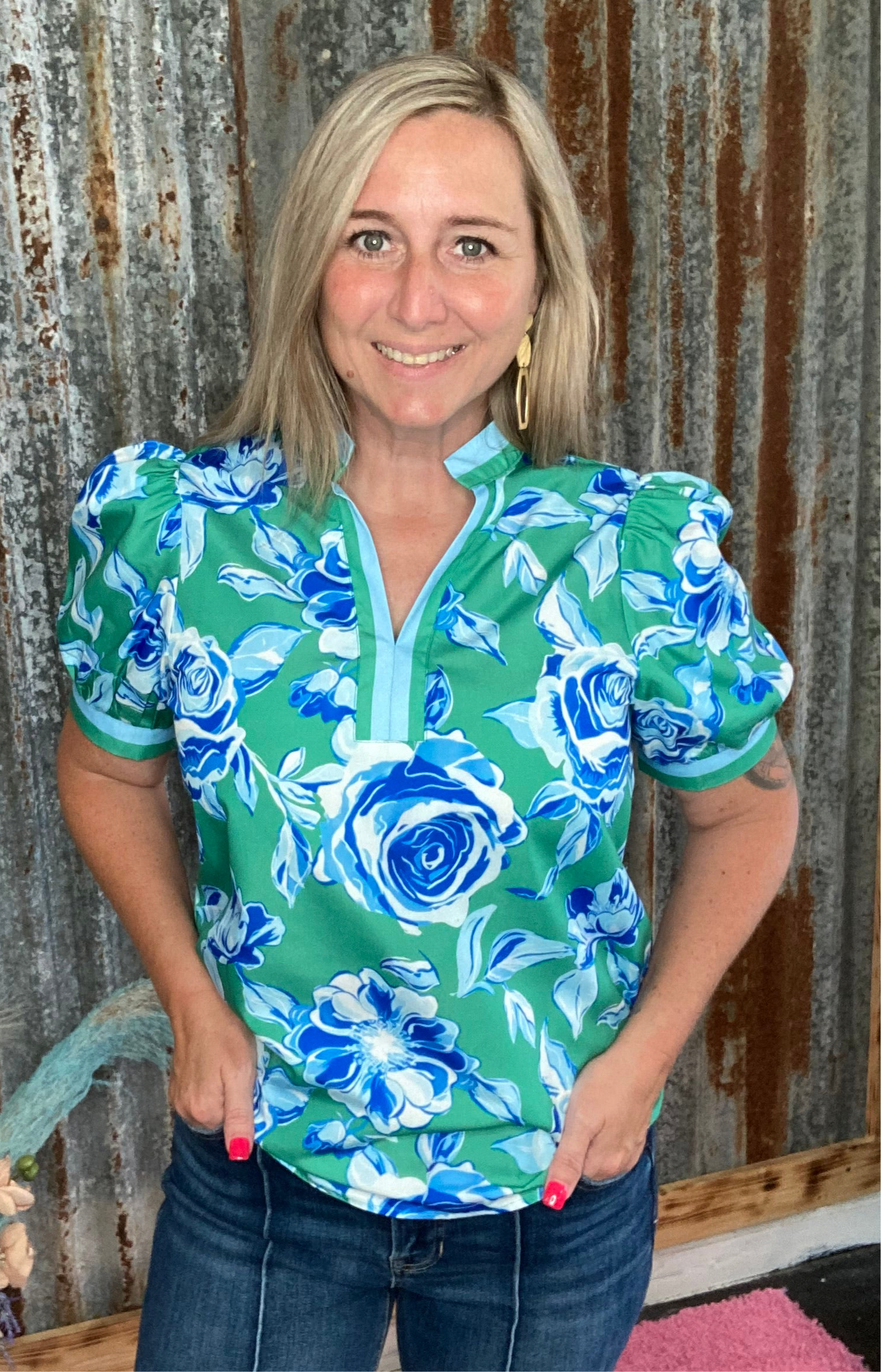 Green Rose Floral Top