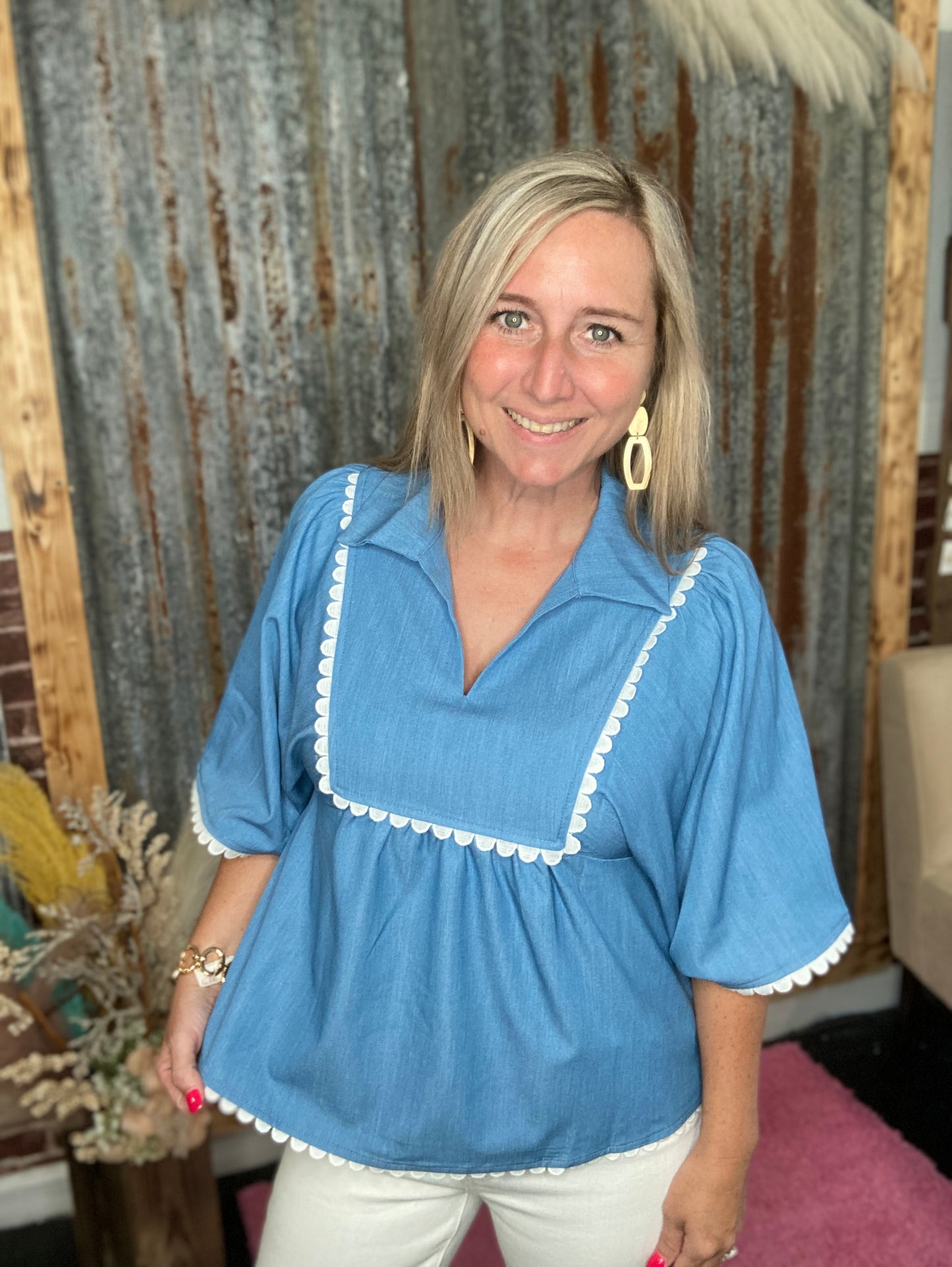 Blue Ric Rac Top with 3/4 Puff Sleeve