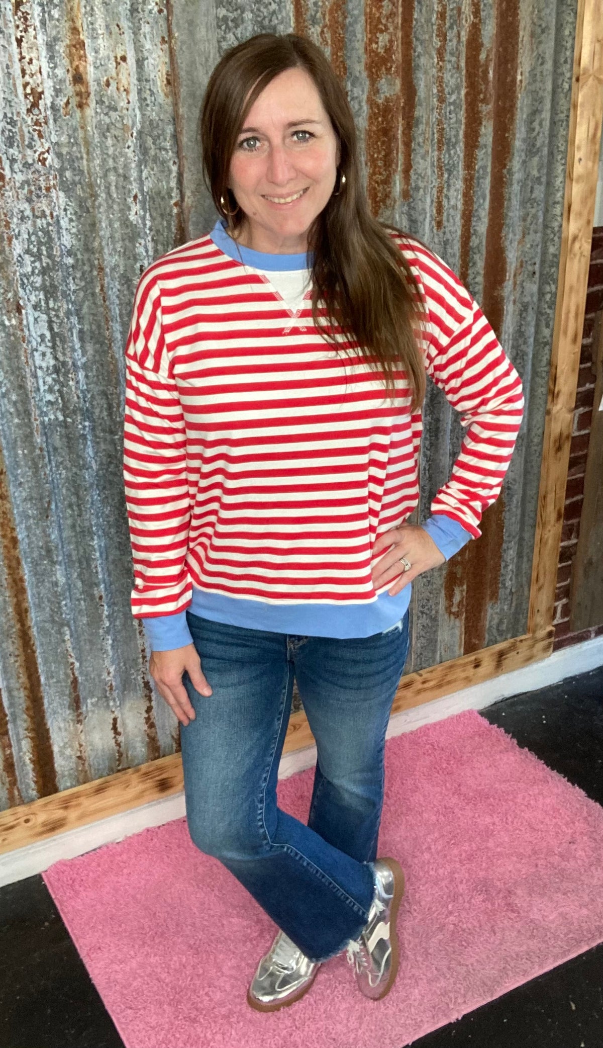 Ruby/Cornflower Blue Striped Rib Banded Pullover