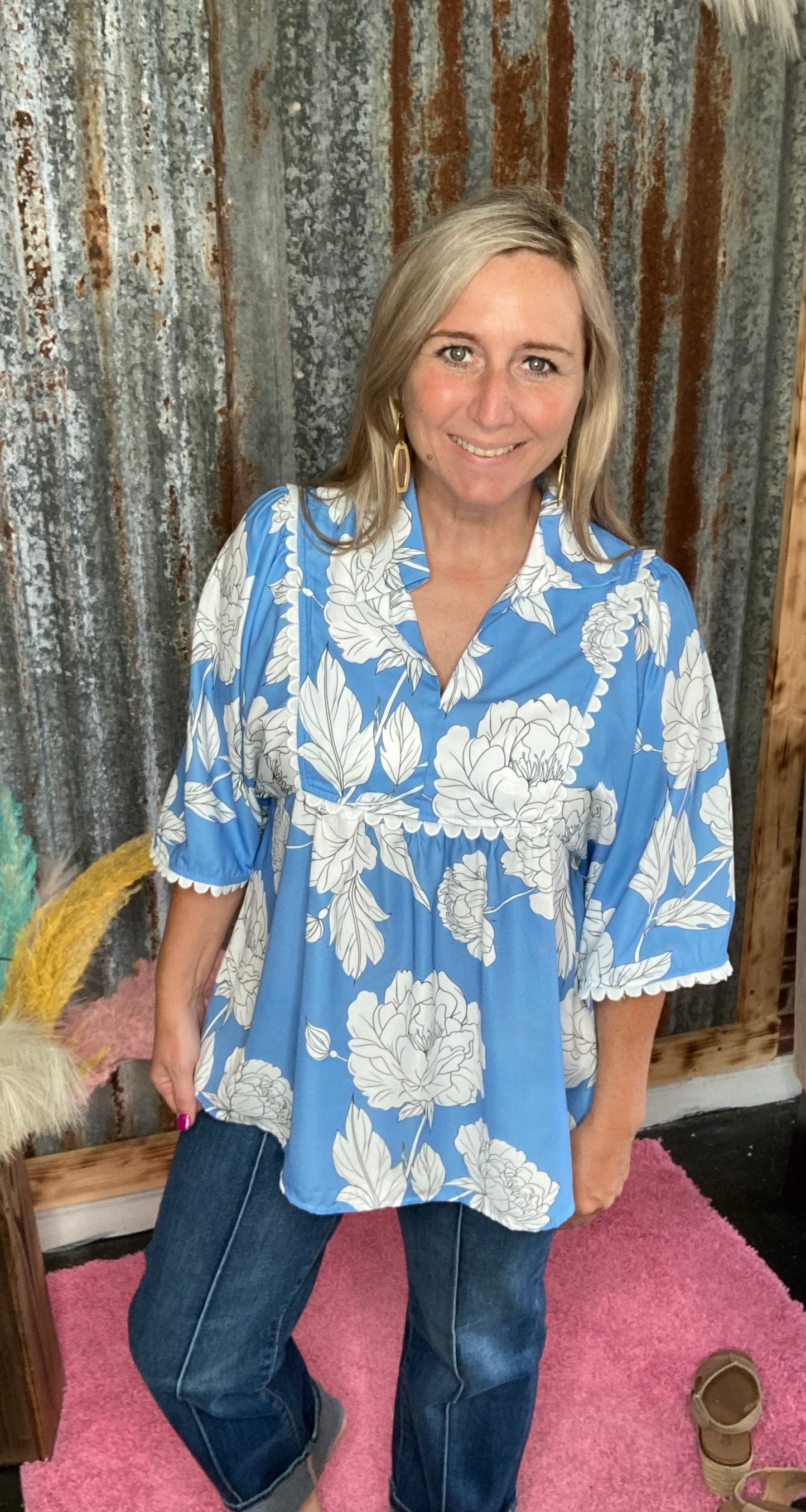 Blue Floral Ric Rac Top