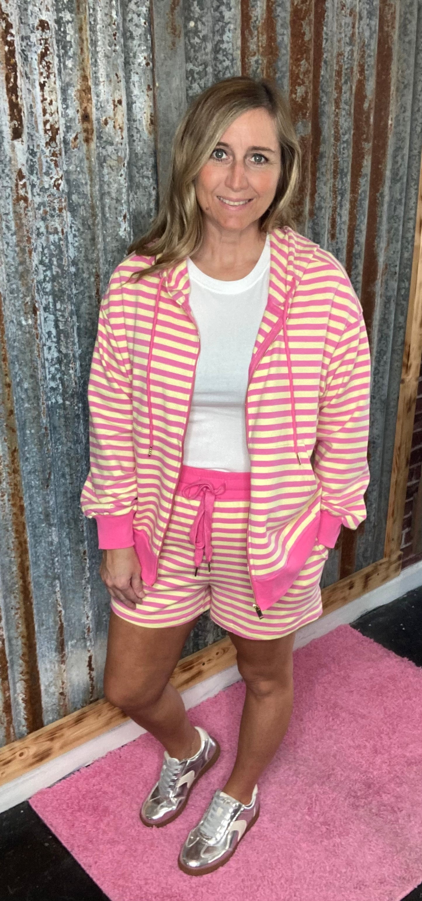 Striped Long Sleeve Zip Up Hoodie and Short Set