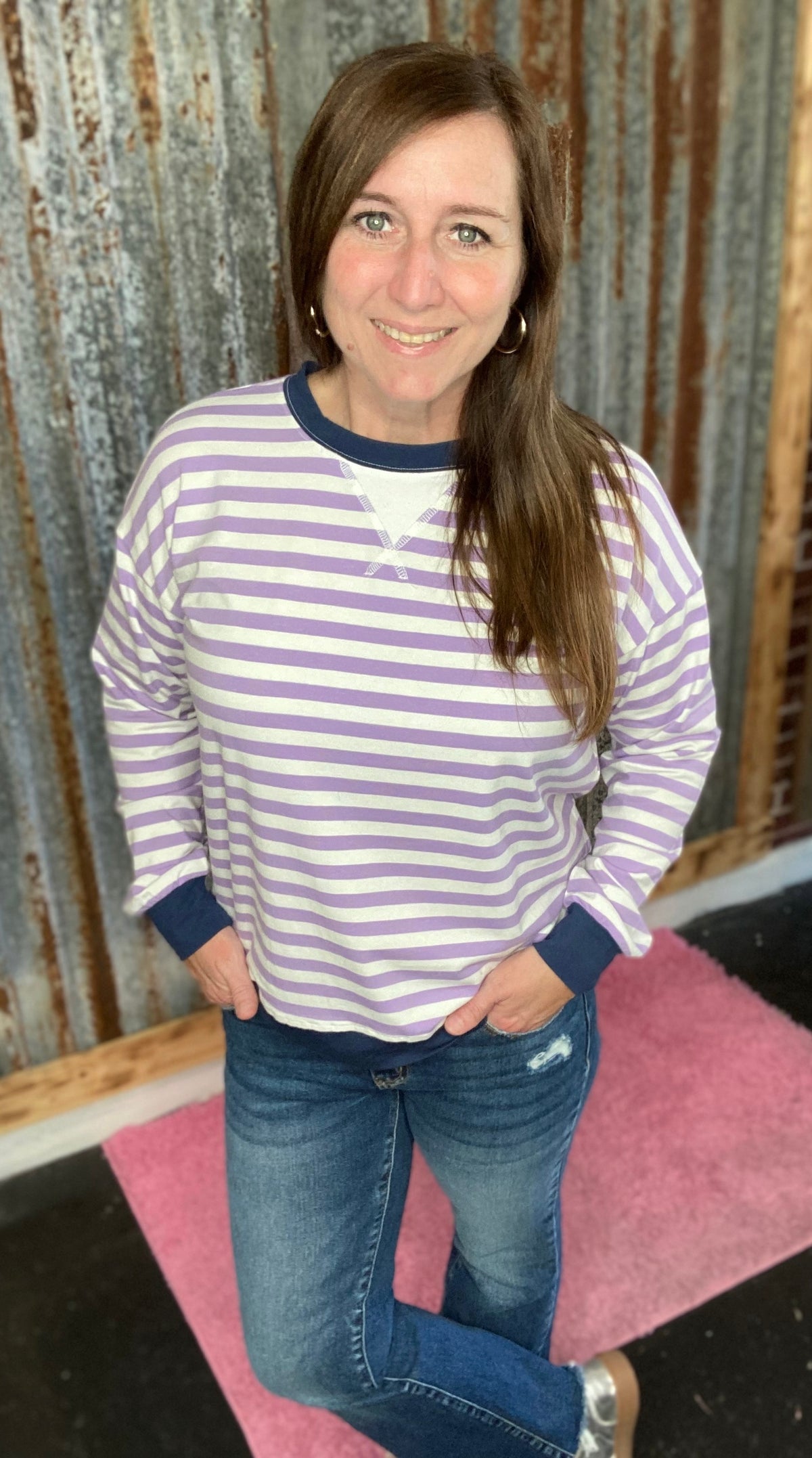 LavenderNavy Blue Striped Rib Banded Pullover