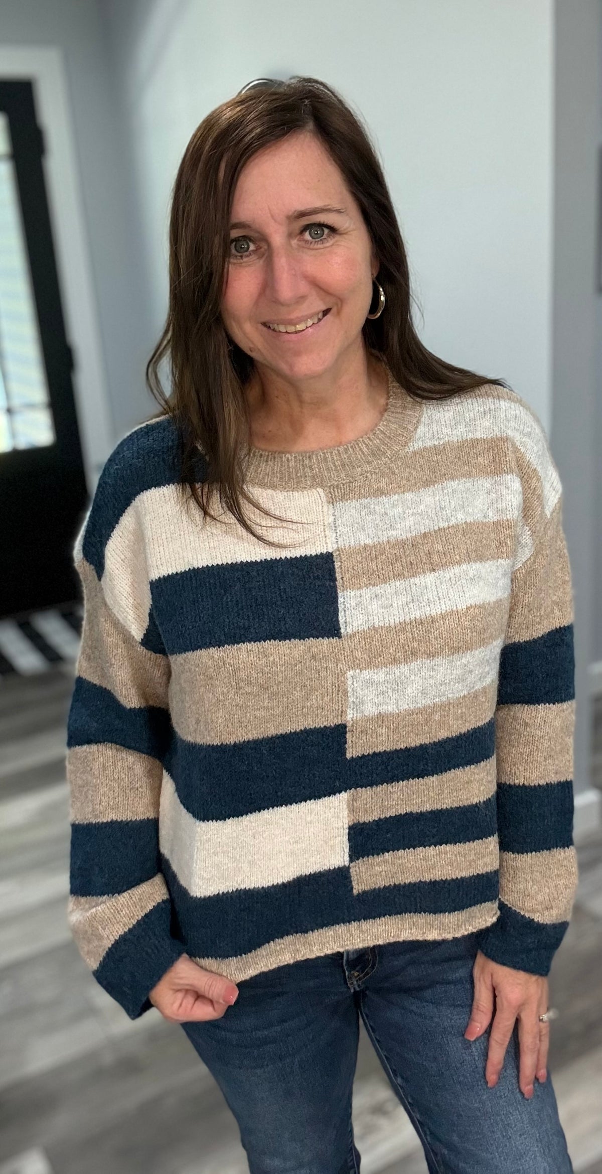 Teal Lightweight Wool Blend Colorblock Sweater