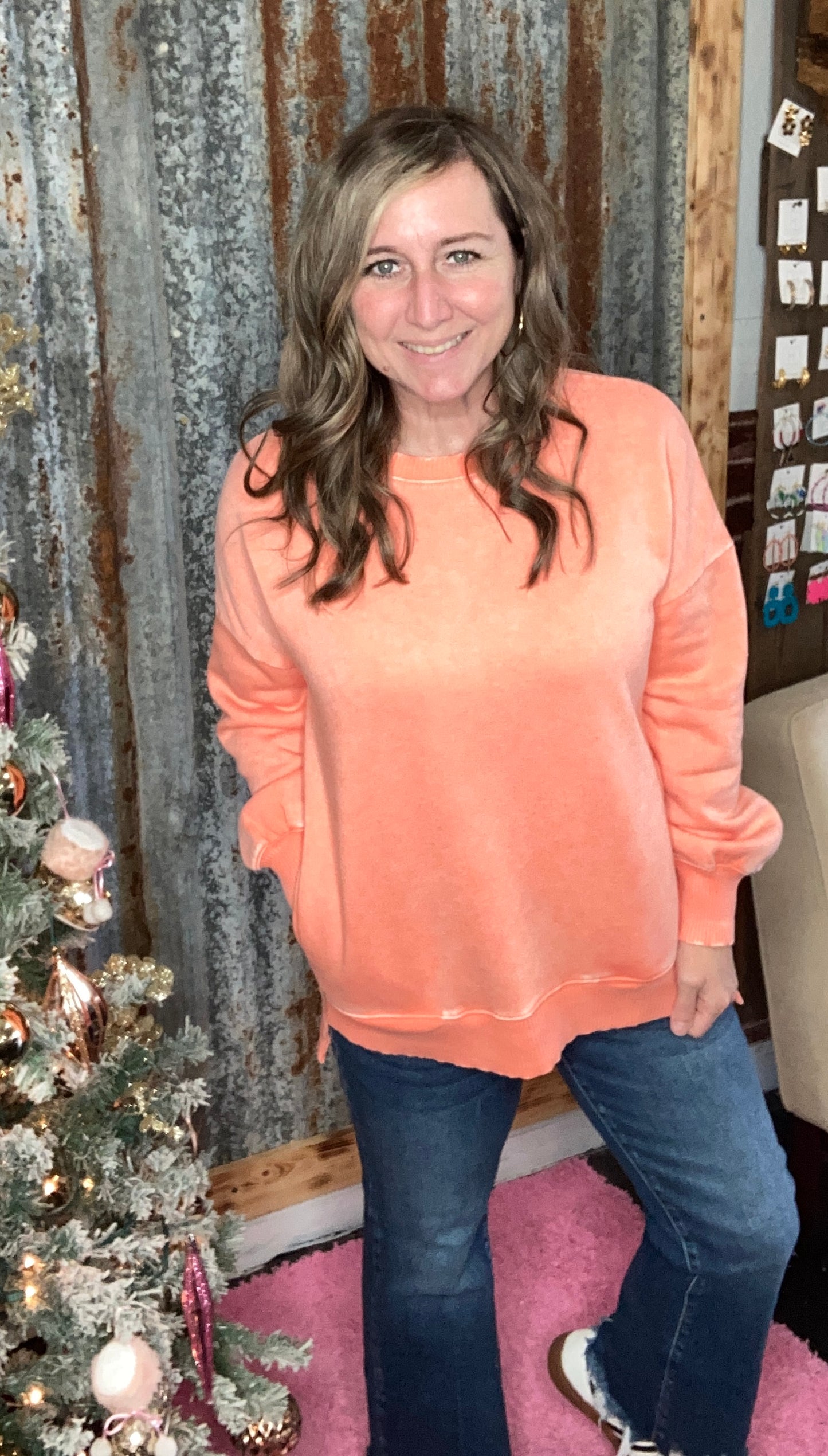 Acid Wash Fleece Hi-Low Coral Pullover