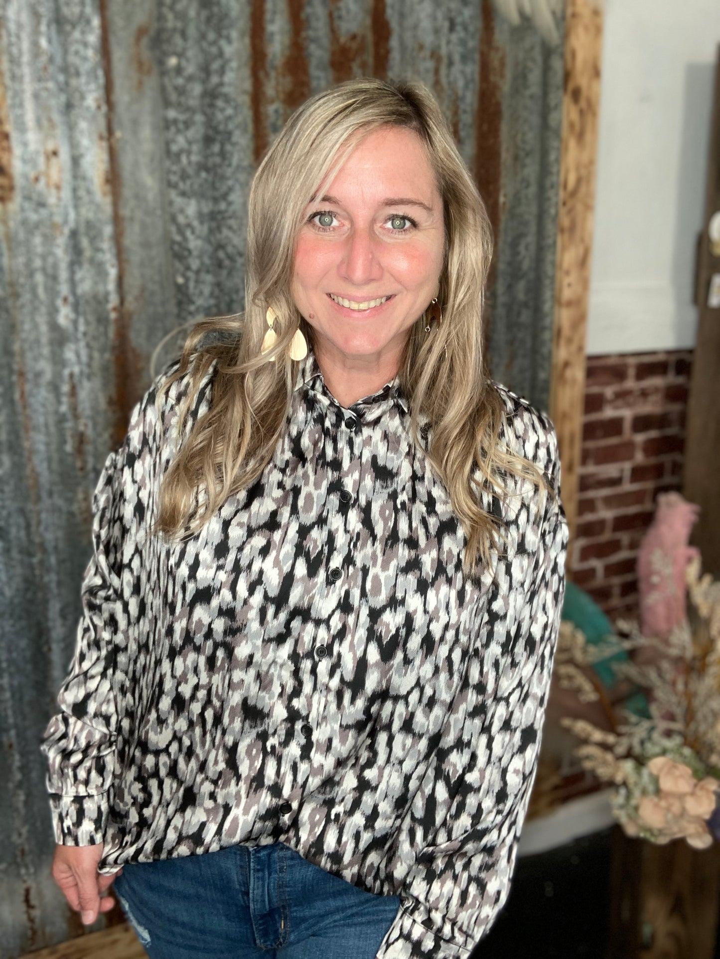 Satin print button down top