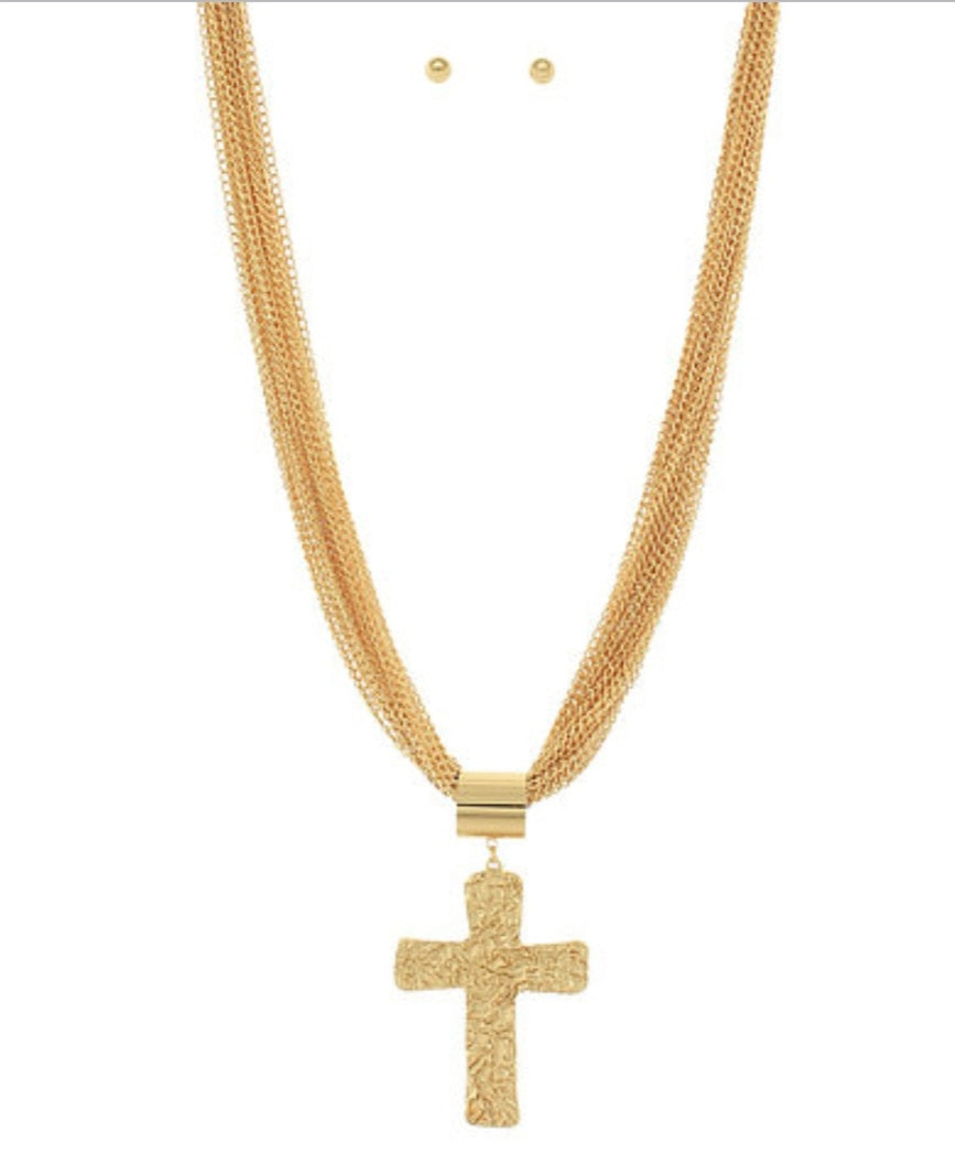 Gold Cross Pendant Multichain Necklace