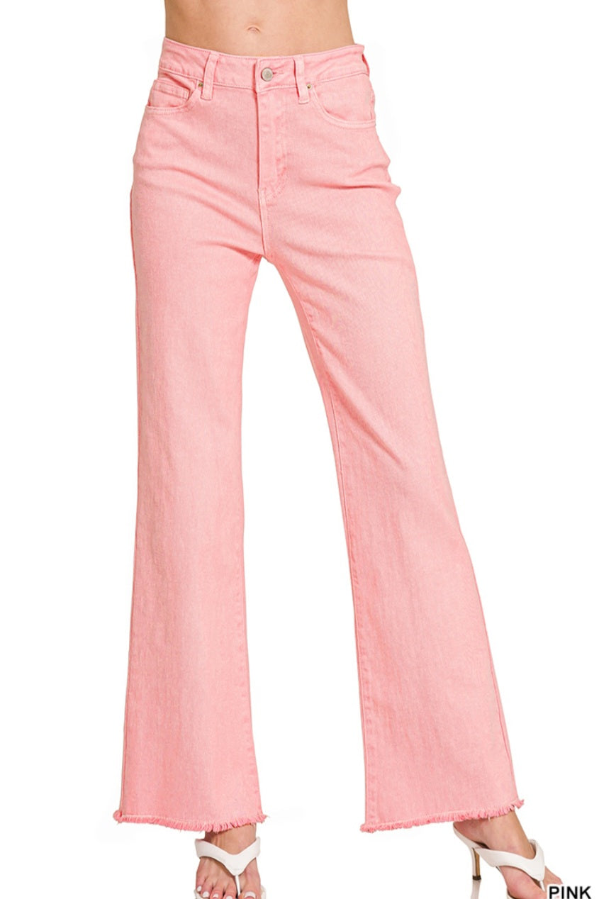 Zenana Pink Acid Wash Frayed Cutoff Hem Straight Wide Pants