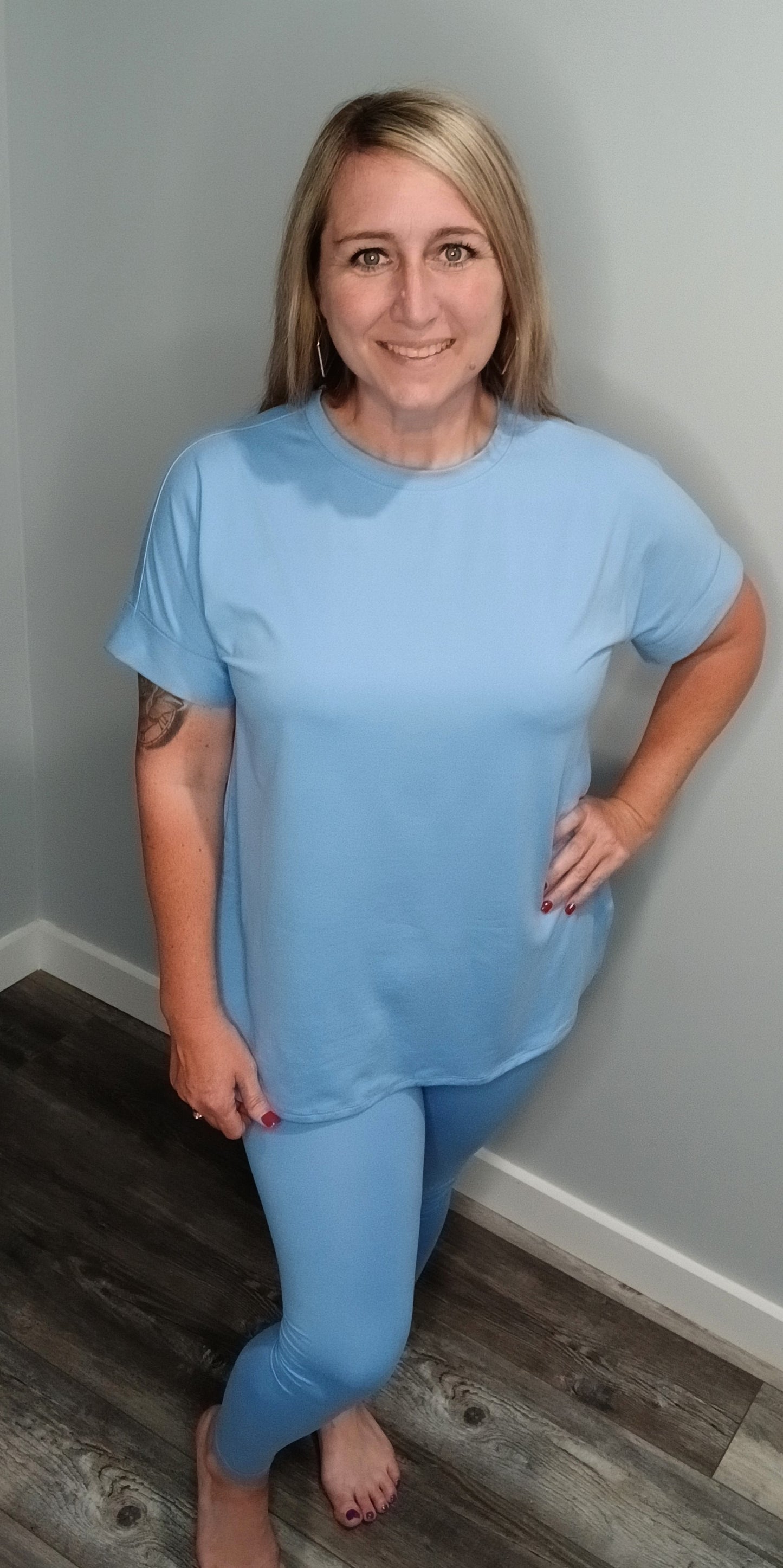Spring Blue Microfiber leggings with short sleeve Top Set