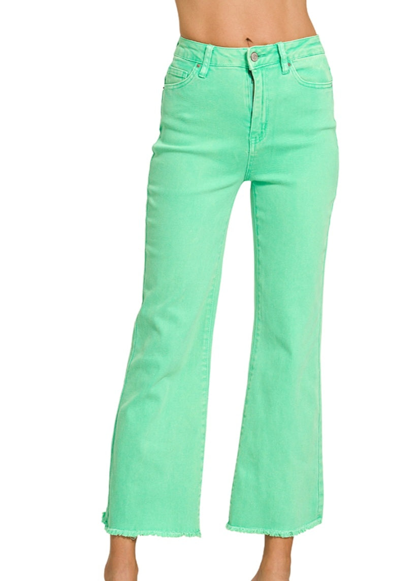 Zenana Mint Acid Wash High Waist Frayed Hem Bootcut Jeans