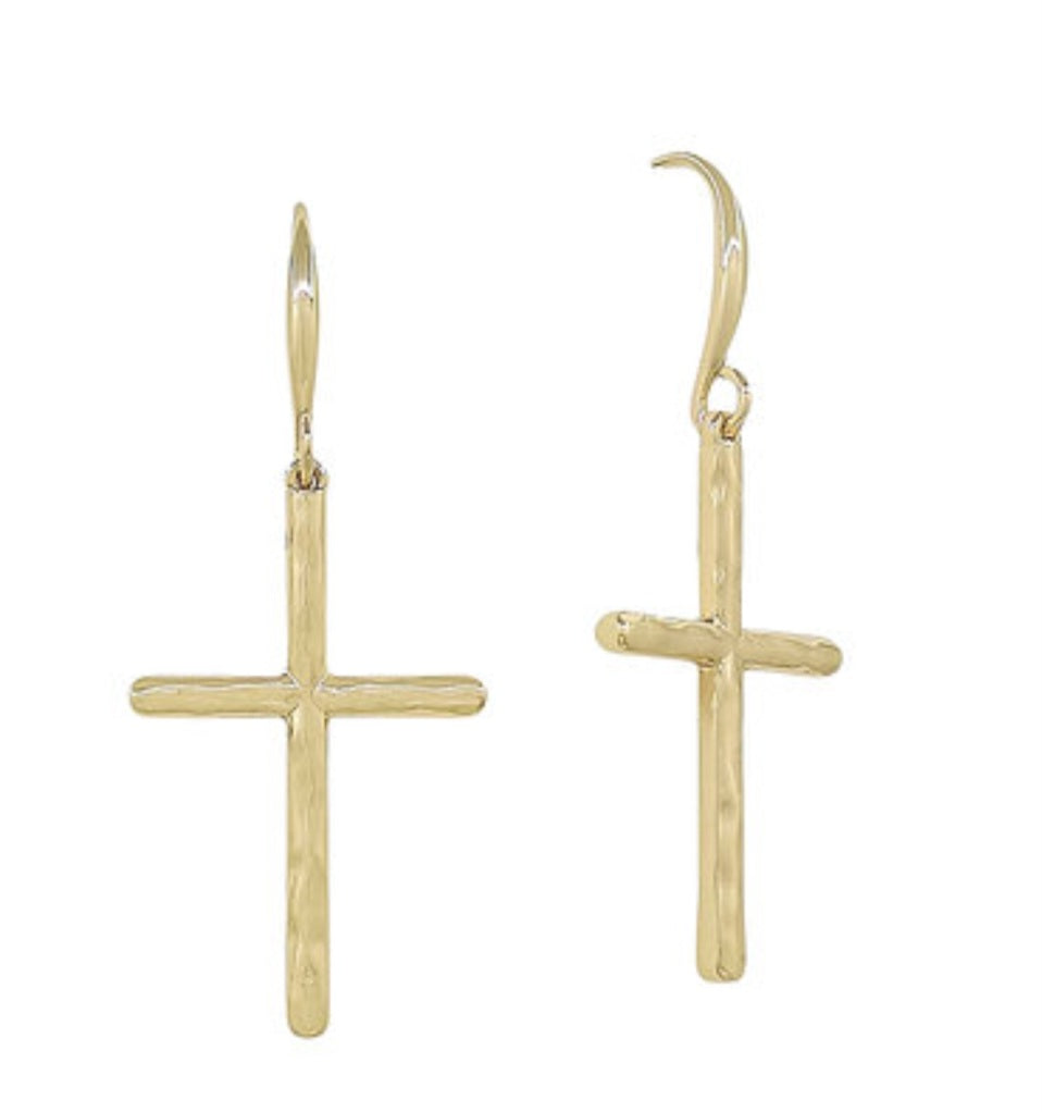 Gold Hammered Cross Dangle Earrings
