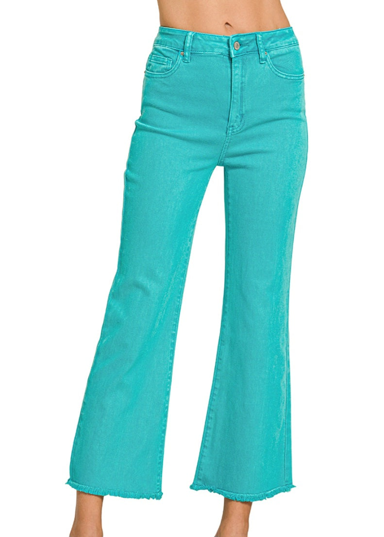 Zenana Turquoise Acid Wash High Waist Frayed Bootcut Jeans