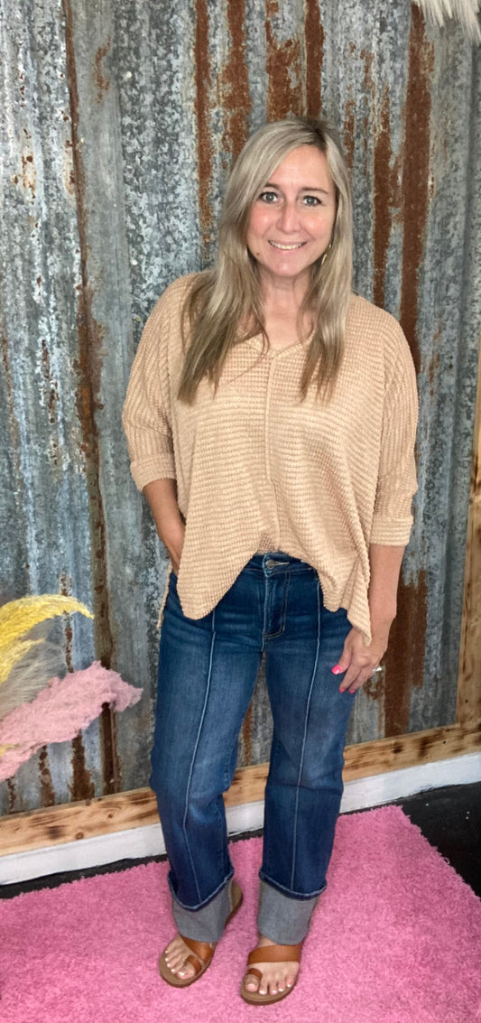 Dark Brush 3/4 v-neck Hi-Low Hem Jacquard Sweater