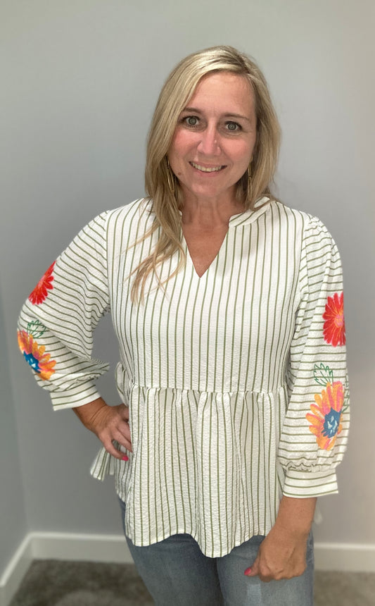 Flower/ Green Striped Top