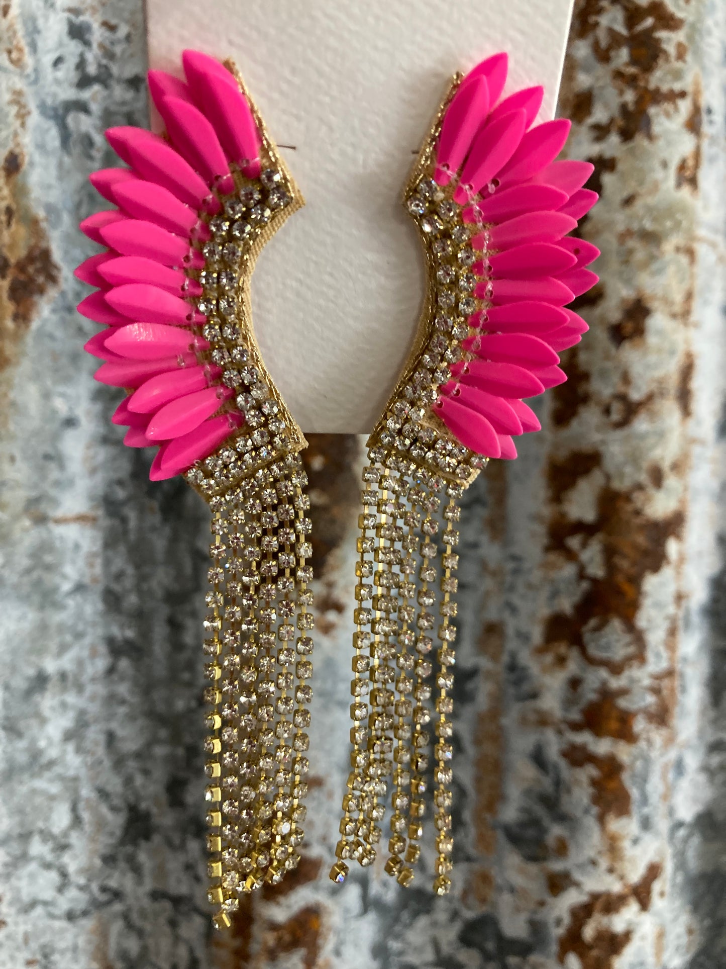 Pink Feathered Rhinestone Dangles