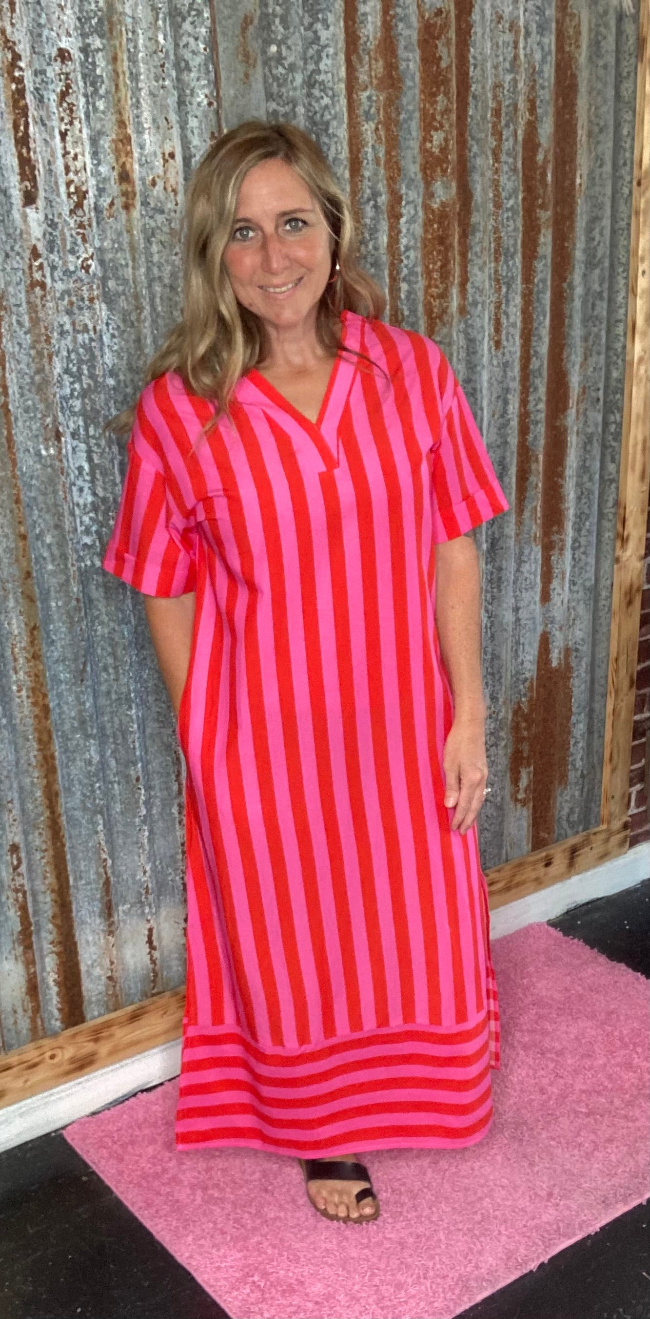 Red Stripe V-Neck Dress