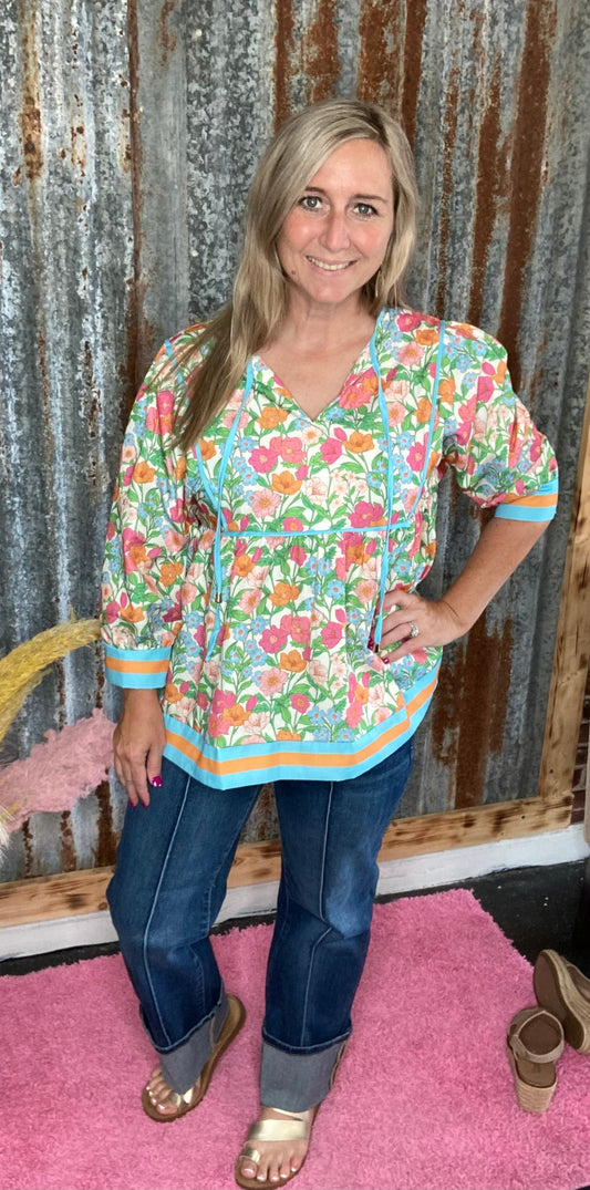 Green Floral Striped Top