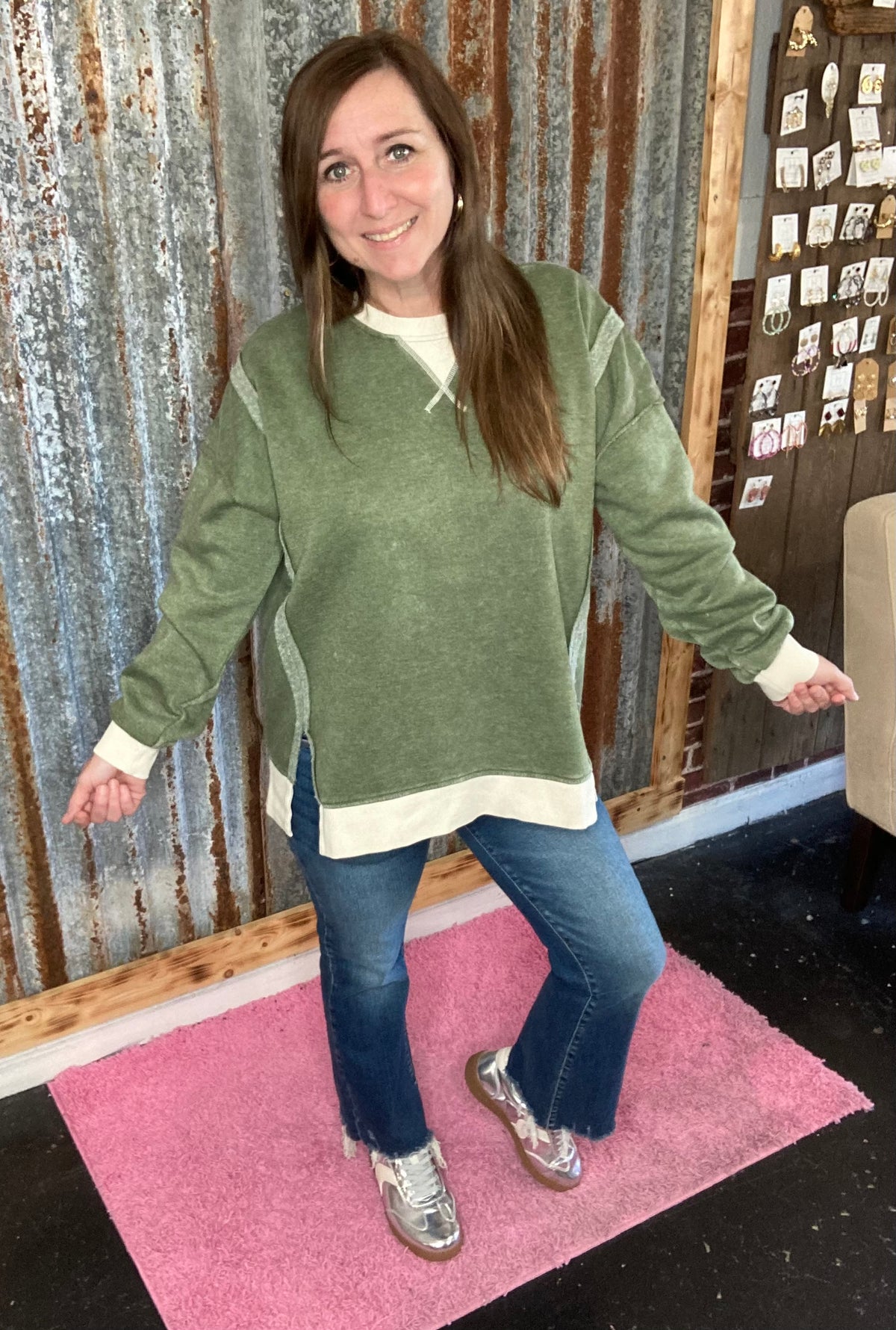 Fleece Acid Wash Contrast Lt Olive Pullover