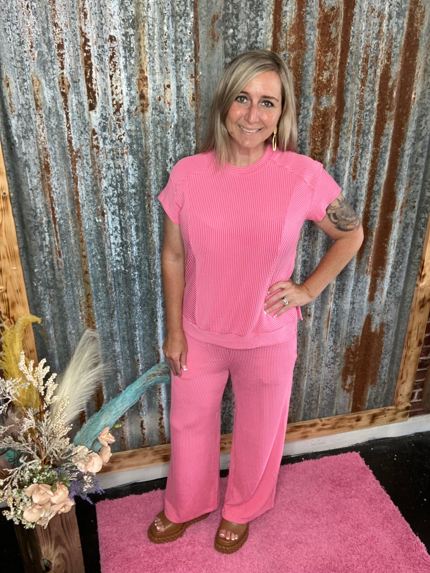 Pink Ribbed Pant Set