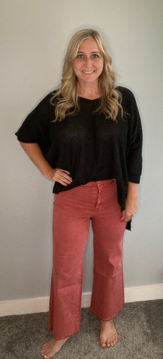 Zenana Cabernet Frayed Hem Pants