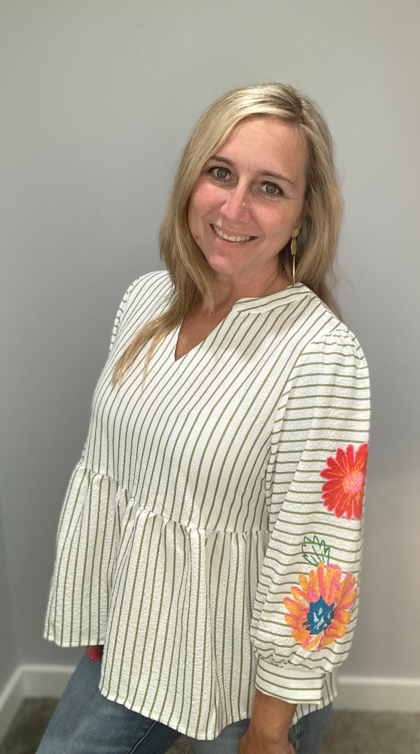 Flower/ Green Striped Top