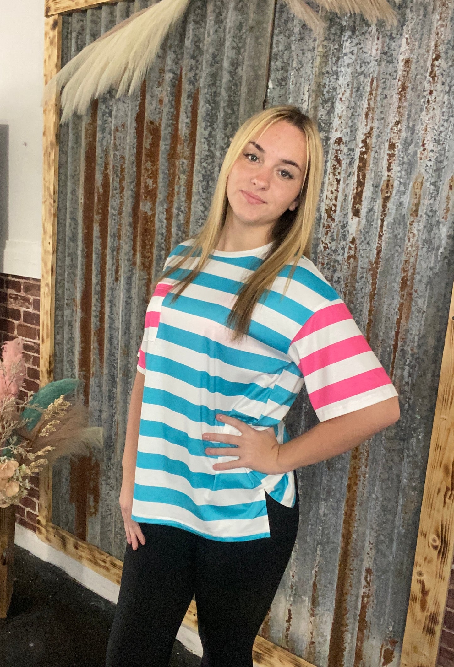 Pink/Blue Striped Pocket Tshirt