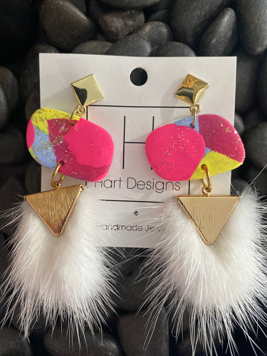 Colorful White Poof Dangles