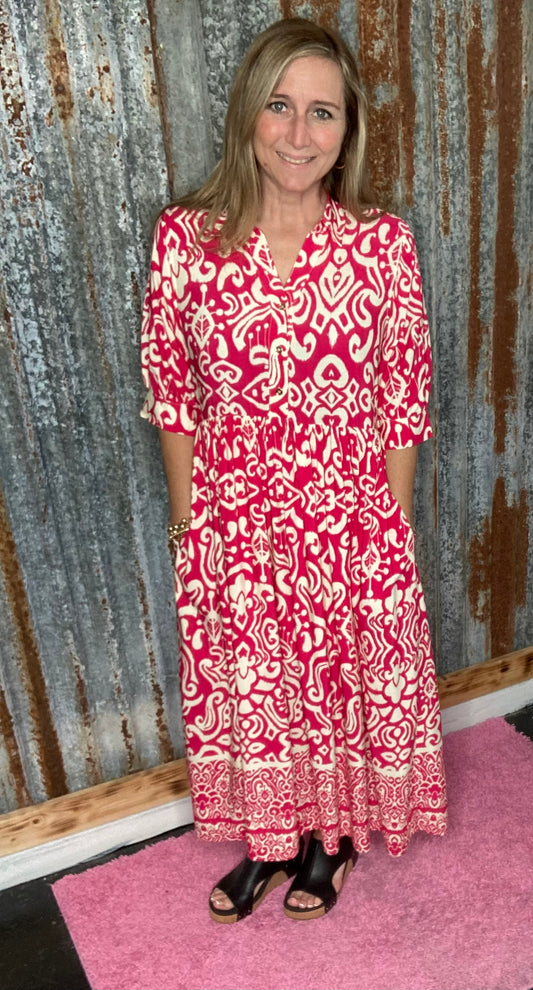 Fuschia Paisley Print Midi Dress