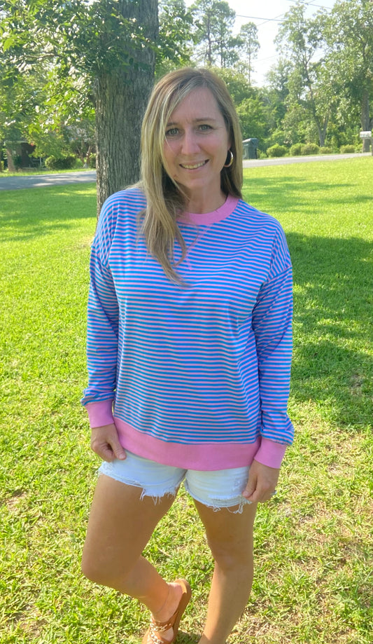 Deep Sky/Candy Pink Striped Pullover