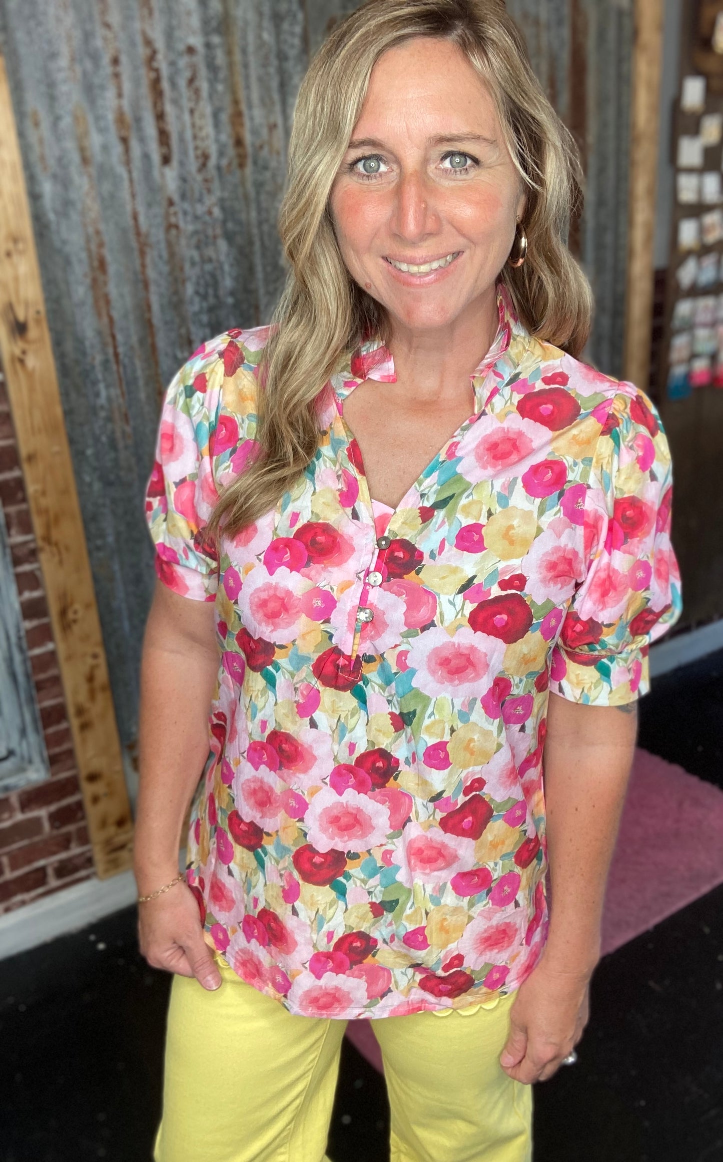 Pink Floral V-Neck Top