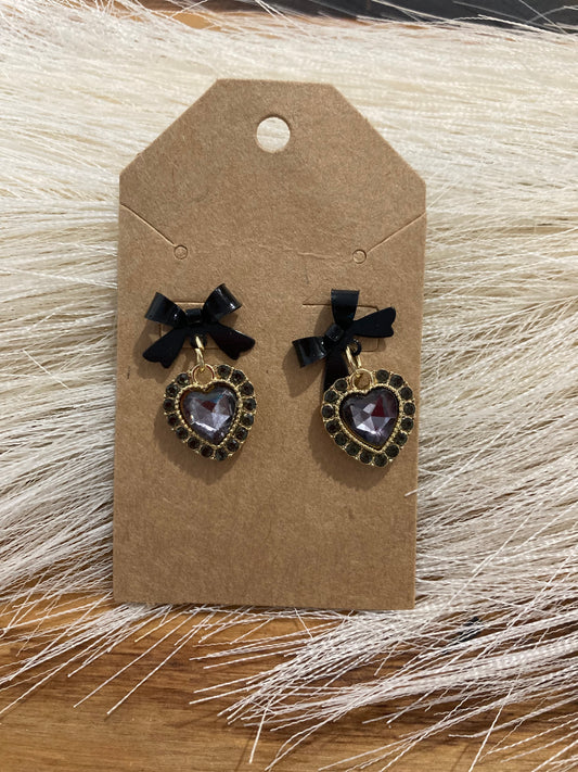 Black bow heart earrings