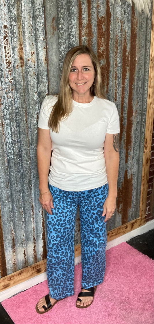 Blue Leopard Barrel Leg Jeans