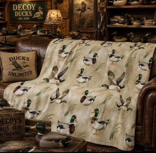 Camo Flying Mallard Duck Plush Camping Blanket