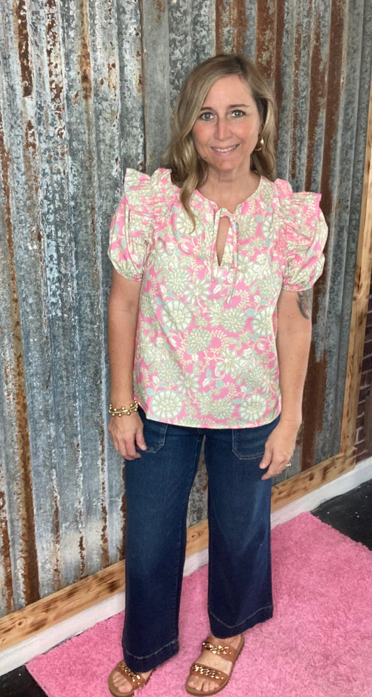 Pink Tie V-Neck Floral Top